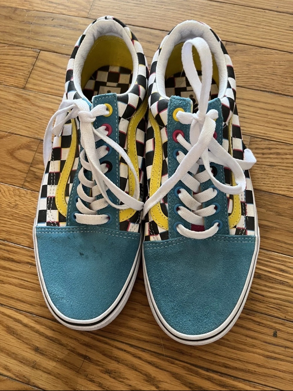Vans Checkerboard Teal & Yellow Low-Top Sneakers women’s 9.5 men’s 8 Skater - Picture 3 of 6